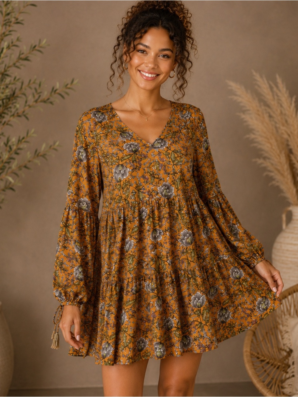 Umgee USA Floral Boho Babydoll Dress | Tunic Top | Medium